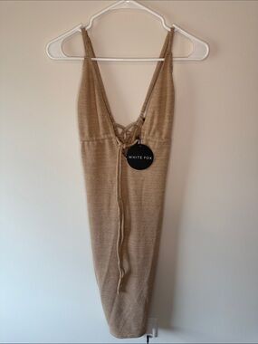 White Fox Boutique Beige Knit Midi Dress with Lace-Up Back